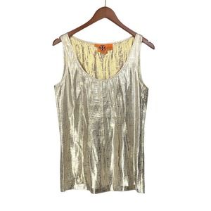 Tory Burch Gold Monogrammed Sleeveless Silk Blend Tunic Top Size 8